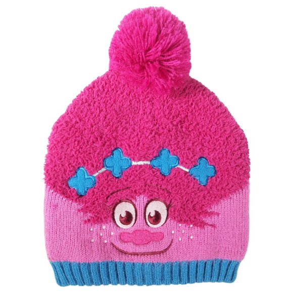 Trolls Pink Poppy Beanie Hat, Size 2T-5T, Cute Embroidered Face, Fluff Ball - Picture 1 of 4